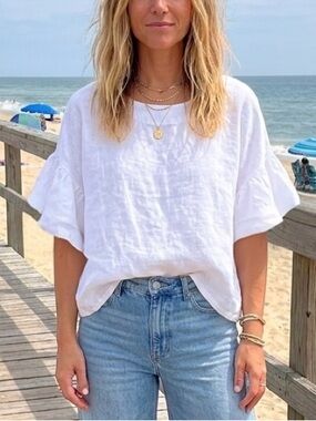 Viola Borghi Italy Linen Flutter Sleeve White Boxy Top Blouse M